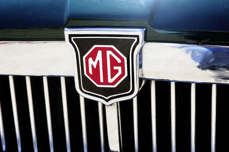 Detail of the MG brand on an old car radiator photographed vintage car rally Town Hall Square in the...