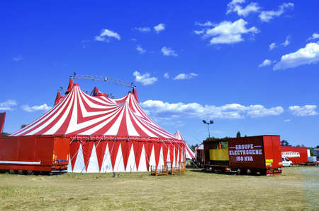 circus tent installed ready for representation and powered from a large generator.のeditorial素材