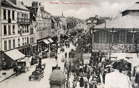 old postcard of Troyes, perspective of the street thiersのeditorial素材