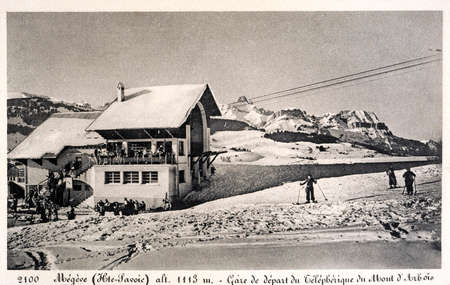 old postcard of Megeve, departure of the Mont d'Arboisのeditorial素材