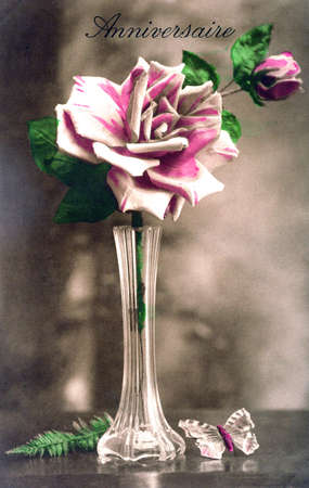 old postcard rose to wish a happy birthdayの写真素材
