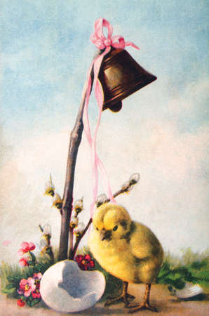 old postcard of a yellow chick with a bell to wish happy easter