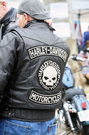 Embroidery on the back of a biker jacket in a gathering of American motorcycles in Beaucaire in the French department of Gardのeditorial素材