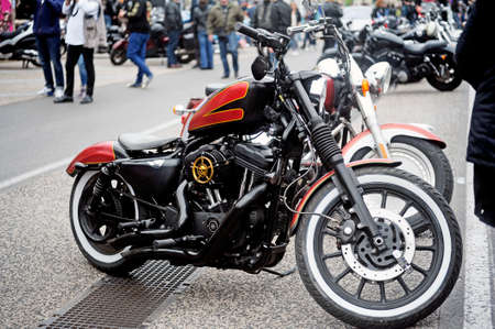 a group of motorcycles from a gathering of American motorcycle in the town of Beaucaire in the...