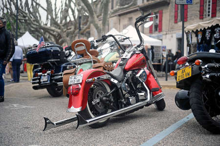a group of motorcycles from a gathering of American motorcycle in the town of Beaucaire in the French department of Gardのeditorial素材