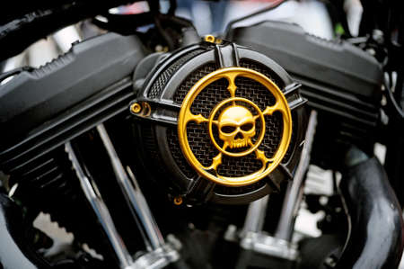 Close-up on a Harley Davidson with custom art to a gathering of American motorcycles in Beaucaire in the French department of Gardのeditorial素材