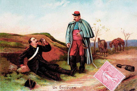 Reproduction of an old postcard of a military rescuing Reviews another soldier wounded in the 1914...