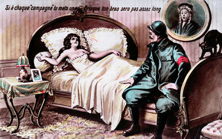 Reproduction of an old postcard depicting soldiers in good company