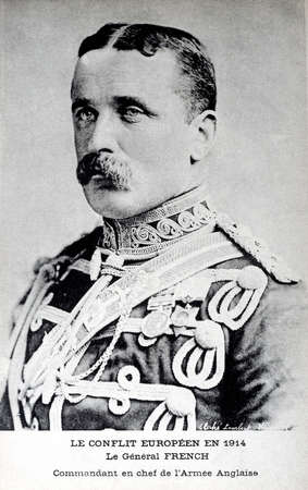 old postcard of the War of 1914 - Portrait of of General French, order of the British armyのeditorial素材