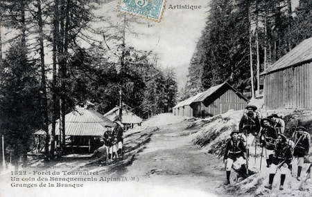 Postcard old forest of Tournairet, a corner of alpine huts in the French department of Alpes-Maritimes - The barn of Brasqueのeditorial素材