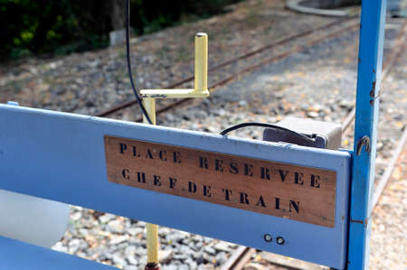 Small tourist train between Sainte Cecile d'Andorge and Saint Julien des Ponts in the French department of Gard offers travelers a walk through woods.のeditorial素材
