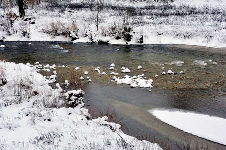 the Gardon snowy river in the French region of Cevennes and the Gard department next to Anduzeの写真素材