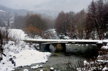 the Gardon snowy river in the French region of Cevennes and the Gard department next to Anduze