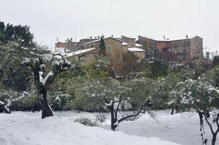 Snowy landscape of the south-east of France in Tornac in the Gard departmentの写真素材