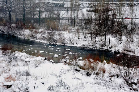 the Gardon snowy river in the French region of Cevennes and the Gard department next to Anduzeの写真素材