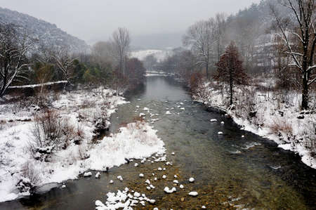 the Gardon snowy river in the French region of Cevennes and the Gard department next to Anduzeの写真素材