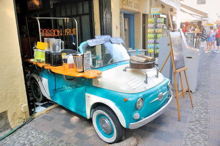 A creperie made in an old Fiat 500 in a street of Collioureのeditorial素材