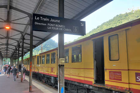 The yellow train of the Pyrenees in Villefranche station before departure for Latour de Carolのeditorial素材