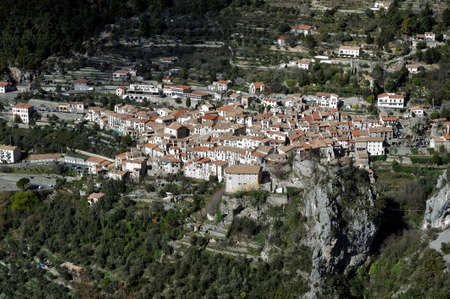 Village of Peille in the French department Alpes Maritimes view from the heightsの写真素材
