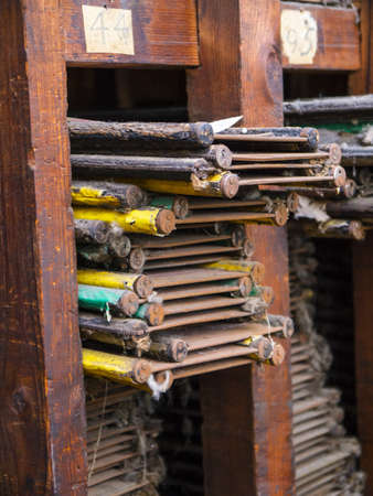 Colour cards stacked up in a Lancashire cotton millのeditorial素材