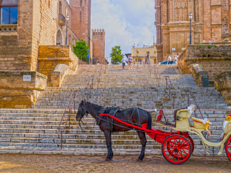 Horse and carriage waiting for a fare in the old town of Palma Spainのeditorial素材