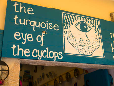 Unusual shop sign on the Island of Ithaca in Greece