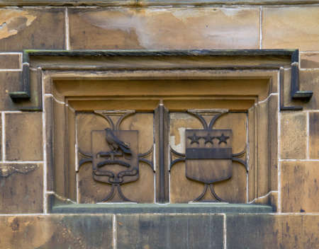 Towneley Hall Burnley Lancashire coat of arms as a stone carving on the outside of the buildingのeditorial素材