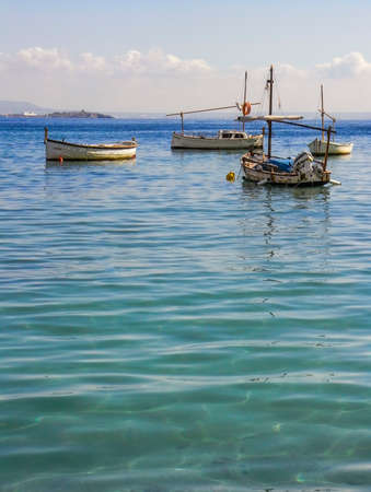 Fishing boats in the beautiful bay of Palma Nova on the Island of Majorca in Spainのeditorial素材