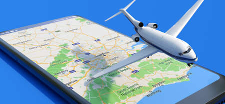 Close-up of an airplane with smartphone background