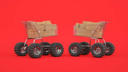 Two shopping trolleys with off-road wheels and cardboard boxes
