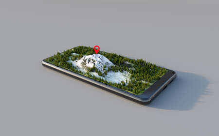 Three-dimensional mountains coming out of the smartphone