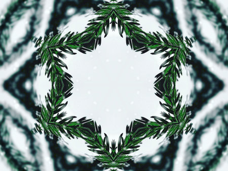 Blurry green leaves kaleidoscope background abstract flower and symmetric pattern for christmas vibesの写真素材