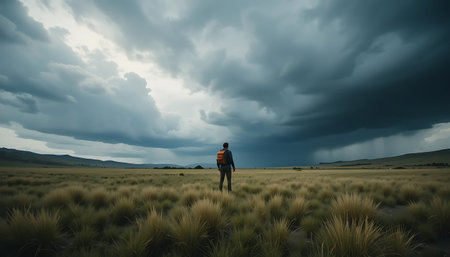 This dramatic image captures a lone man standing in a vast, grassy field, facing an approaching storm. The dark, ominous clouds fill the sky, creating a sense of foreboding and the power of nature. The man, with a backpack slung over his shoulder, appears to be contemplating the impending storm. This scene evokes feelings of solitude, awe, and the raw beauty of nature's forces.の素材