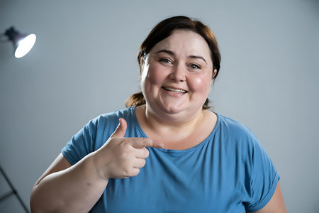 A cheerful plus-size woman with a warm smile points to herself, embodying confidence and self-love. Her friendly gesture and direct gaze create an approachable and authentic portrayal of body positivity and empowerment.の素材