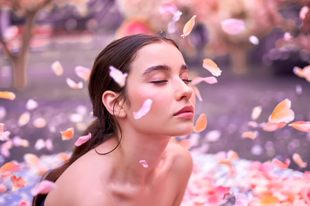 A young woman closes her eyes in peaceful contemplation, surrounded by a gentle shower of soft pink flower petals. The scene evokes feelings of serenity, natural beauty, and springtime bliss.の素材