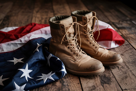 A powerful still life composition featuring a pair of well-worn military boots resting on a partially draped American flag. The scene evokes themes of service, sacrifice, and patriotism, honoring veterans and their dedication to the country.の素材