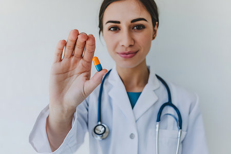 A professional female doctor in a white coat presents a medicinal capsule in her hand. The image conveys themes of health, medical treatment, care and pharmaceutical solutions. Suitable for depicting clinic or hospital services.の素材