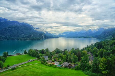High viewpoint of lake in Austriaの写真素材