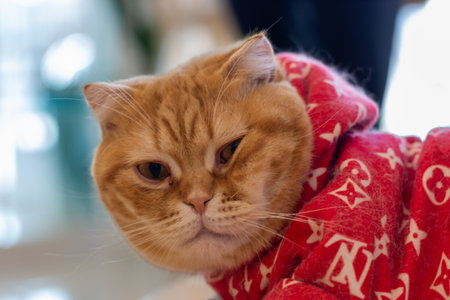 ginger cat in a red scarf on the background of the Christmas treeの写真素材
