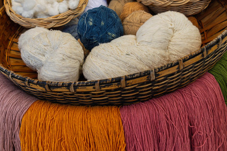 Wicker basket full of colorful yarn balls for knitting in the market