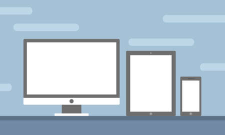 Template Set of All Screen Device Preview for Website Preview in Flat Design Vector Illustration isolated in blue backgroundのイラスト素材