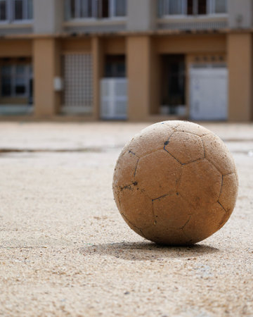 A soccer ball forgotten on a wet groundの写真素材