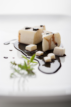 Goat cheese on aromatic vinegar on a white dishの写真素材