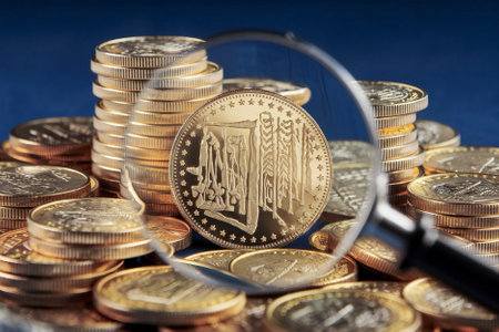 Euro coins and magnifying glass on a dark blue background. The concept of the exchange rate.の素材