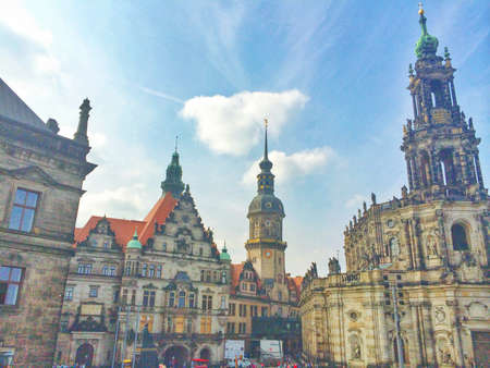 Historical Front of buildings with the Cross Church in Dresden, Germanyのeditorial素材