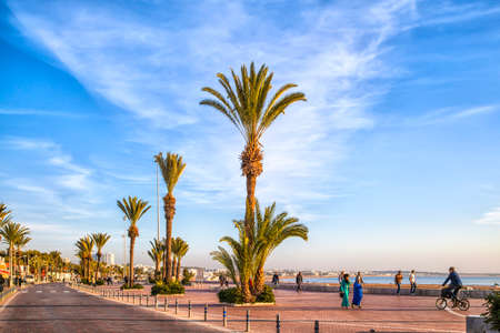 Beach promenade of the African harbor city Agadir in Morocco at the Atlantic Ocean with date palm...