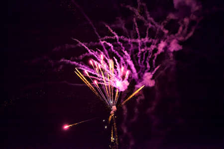 A shining colorful firework is over a dark night skyの写真素材