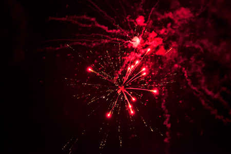 A shining colorful firework is over a dark night skyの写真素材