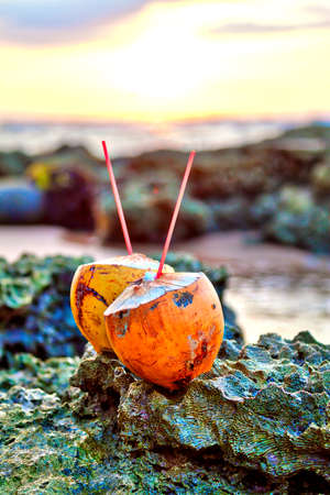 King Coconut is a very delicous refreshing drink on a hot day at the wild Indian Ocean in Asia on...