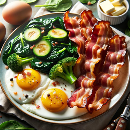 Healthy breakfast with fried eggs, spinach, bacon and eggs.の素材